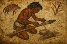 He crafts the new spear by splitting one end of the shaft and fixing the spear tip in it with string made from grass