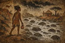 Nia must cross the dangerous, strong stream to reach her grandfather's home.