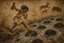 Nia feels fear and hesitates before stepping onto the slippery stones.