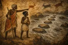 An herb woman gives Nia a walking stick and shows her a careful route across the stones.