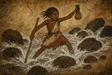 Nia slips, but she catches herself with the stick and endures the rushing water.