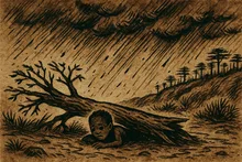 Because of the storm, the boy gets trapped under a fallen tree